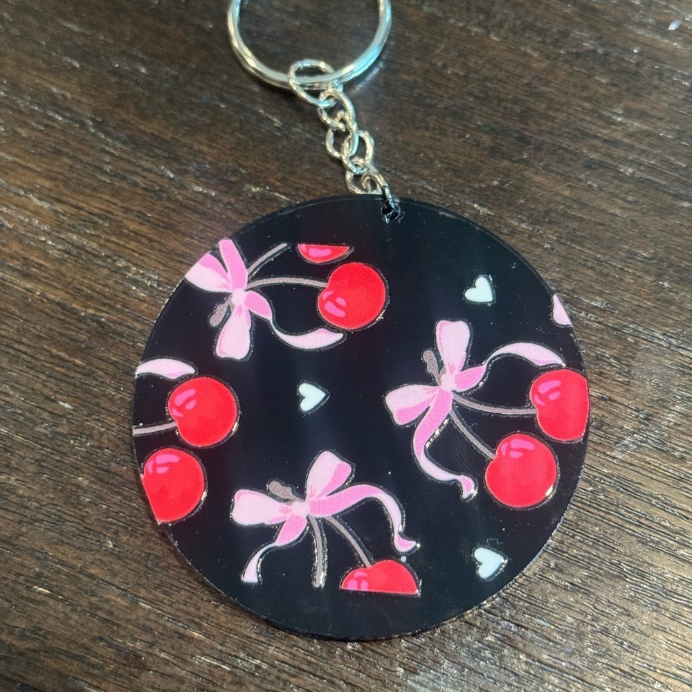 Cherry Keychain with Pink Bows